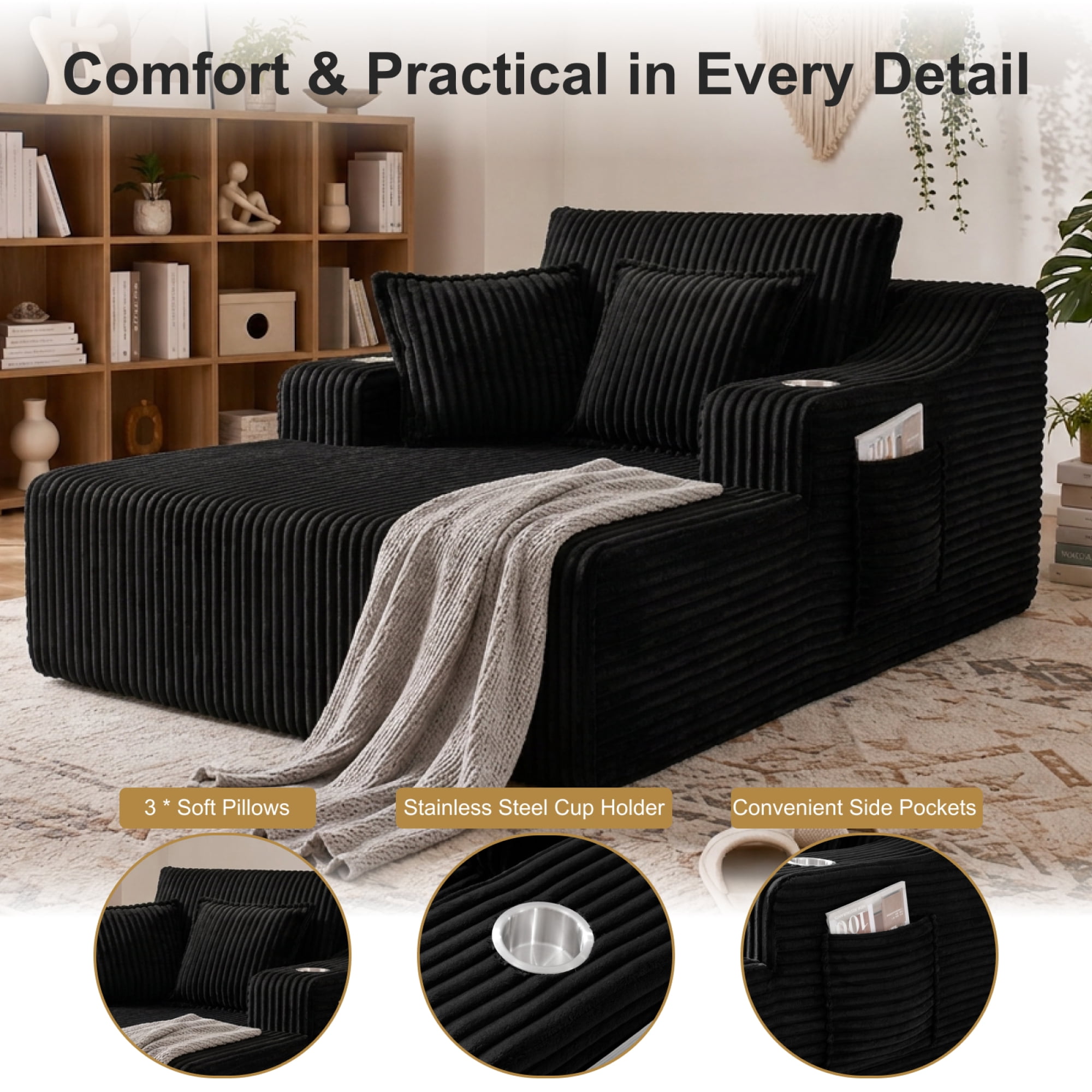 Leumius Oversized Chaise Lounge Chair Indoor,67'' Faux Fur Upholstered Boneless Sofa Bed,Deep Seat Sleeper Cloud Sofa with Cup Holders & 3 Pillows for Living Room, No Assembly Required,Black