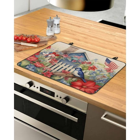 

4th of July Stove Top Covers for Electric Stove Heat Insulation Fireproof Glass Cooktop Cover Counter Top Glass Stove Cover for Prevent Scratches 24 x21 Farmhouse Independence Day Floral Birds
