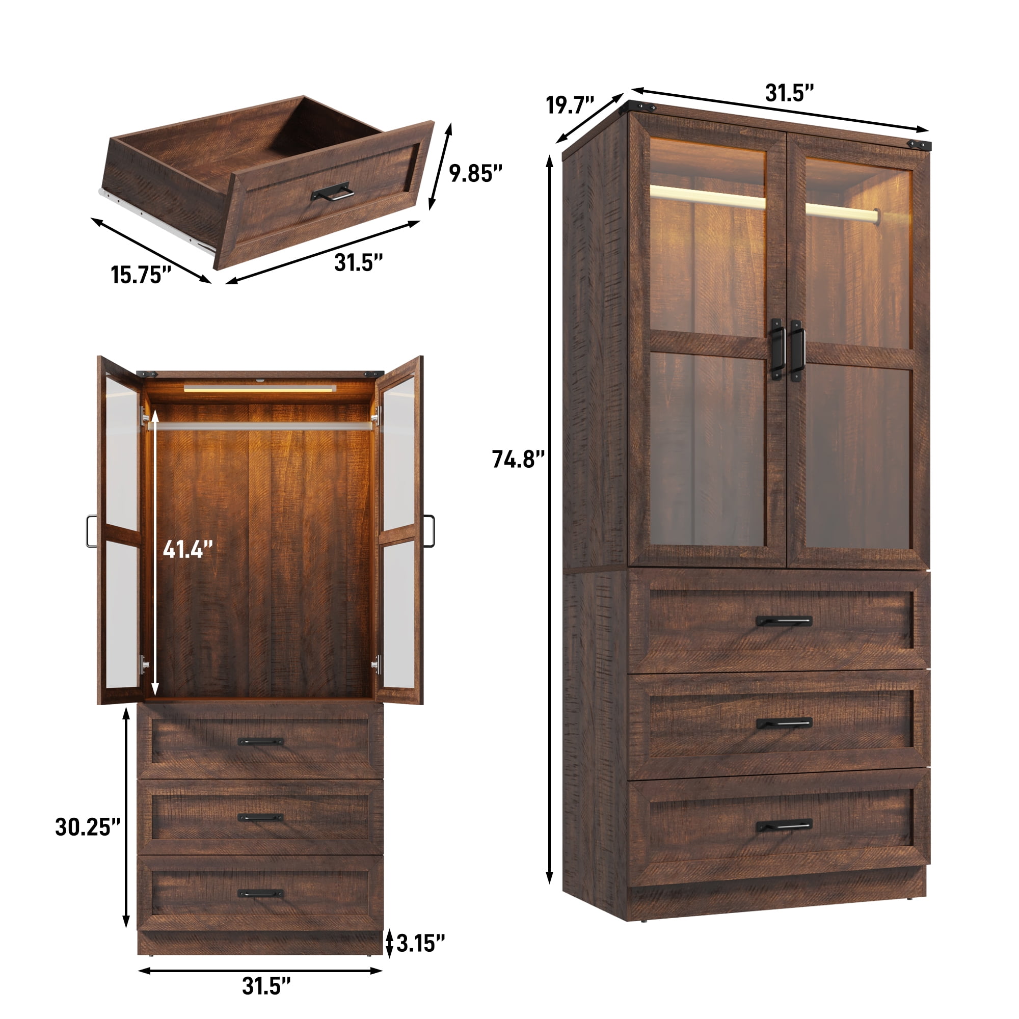 2 Glass Doors Armoire Wardrobe Closet with 3 Drawer & LED Light,75"H Wardrobe Closet Clothing Organizer with Hanging Rail for Bedroom