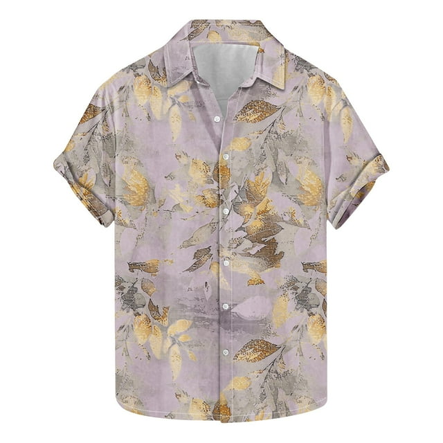 Camisas de Manga Corta de los Hombres Casual Hoja Impresión Solapa Superior, Mezcla de Poliéster/Spandex de la Moda para la Fiesta Y la Playa