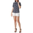 thumbnail image 2 of INSPIRE CHIC Women's Stand Collar Bow Tie Floral Short Sleeve Work Shirt Blue L, 2 of 6