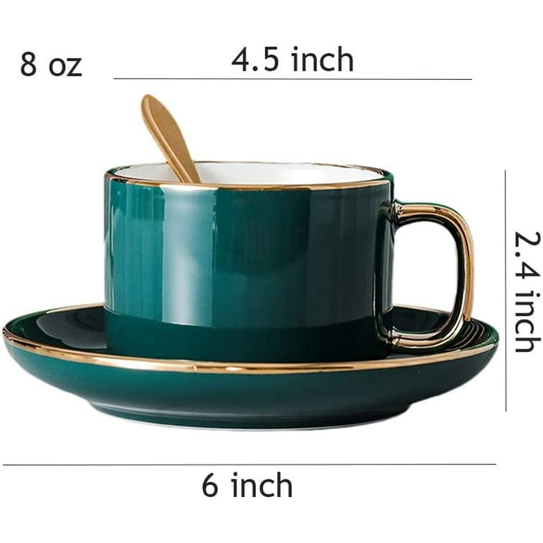 DanceeMangoo Simple Porcelain Cup & Saucer Set with Gold Spoon, 8 Oz  Vintage Style Ceramic Tea Cup Coffee Mug