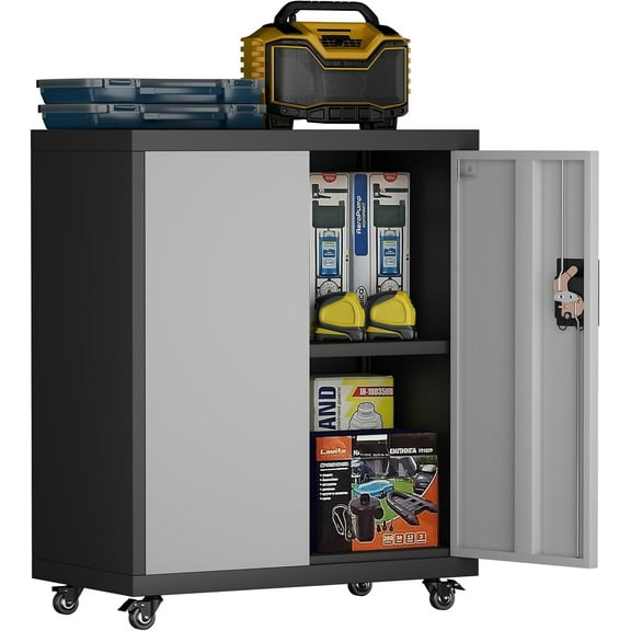 Metal Garage Storage Cabinet with Wheels,31.89" H Steel Lockable Cabinet with 2 Doors and 1 Adjustable Shelf, Small Rolling Cabinets for Home Office, Garage, BlackGrey