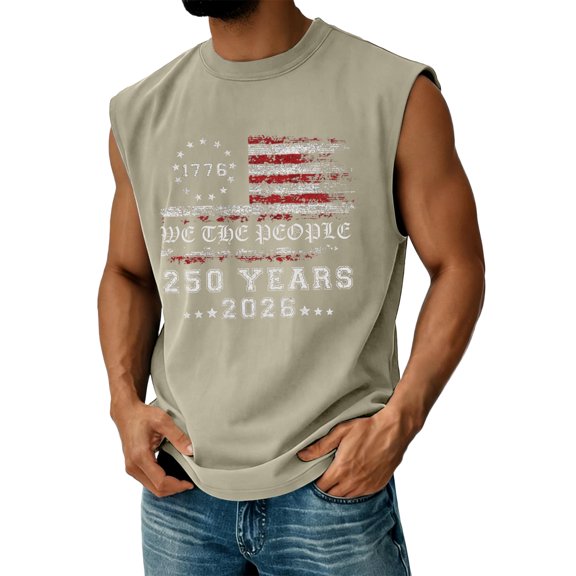 250th Anniversary USA Shirt for Men USA Independence Day 4th Of July Tank Tops USA American Flag Graphic Sleeveless Patriotic T Shirts We the People Round Neck Tops,Brown 3XL