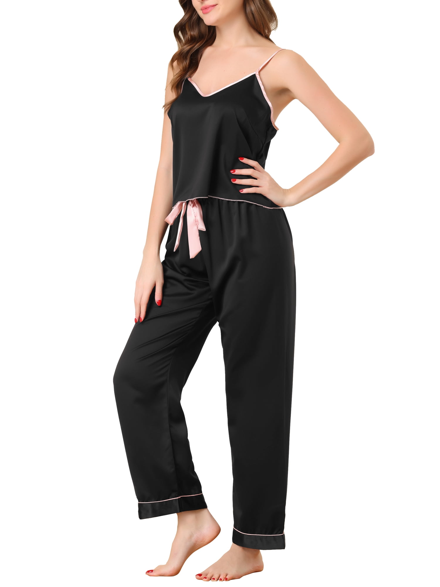 Unique Bargains Women's Suspenders Soft Ice Silk Pajamas 3 Piece Sleepwear Sets