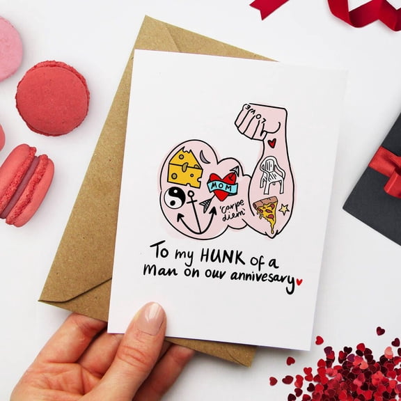 Anniversary Card for Him – "To My HUNK of a Man" Funny Muscle Design – Blank Inside, Envelope Included – Perfect Gift for Husband, Boyfriend, or Partner