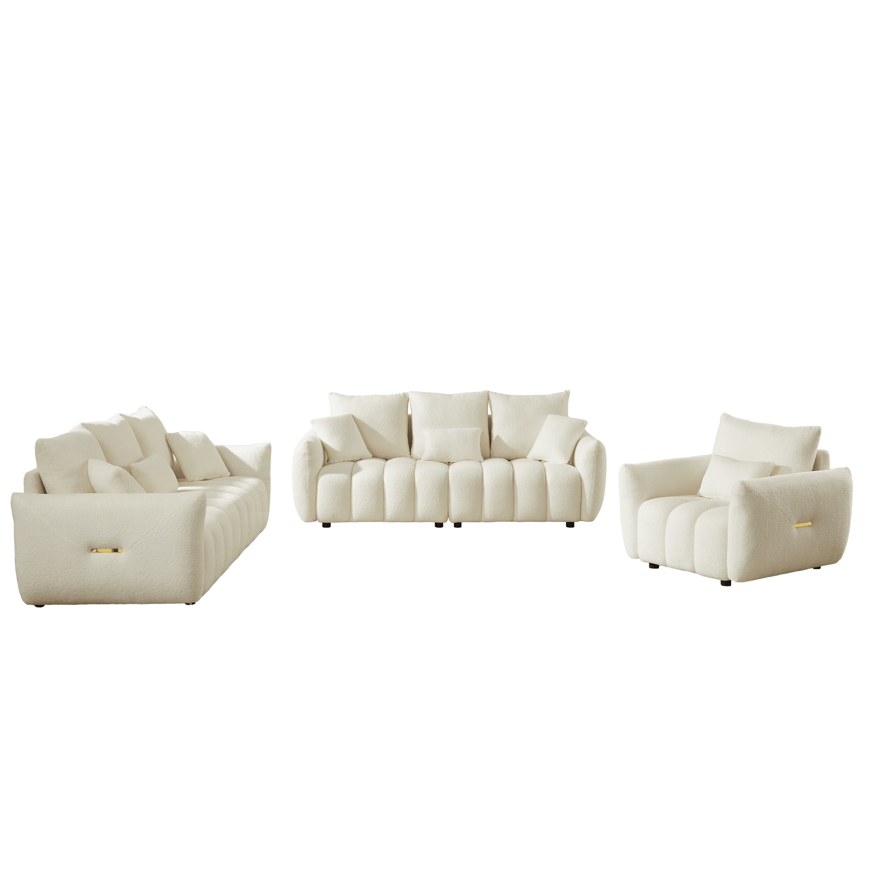 Combo Sofa Set 1+3+3 Seater with 7 Cushions, Teddy Fleece Wooden Frame Modern Living Room Sofa for Apartment, Beige