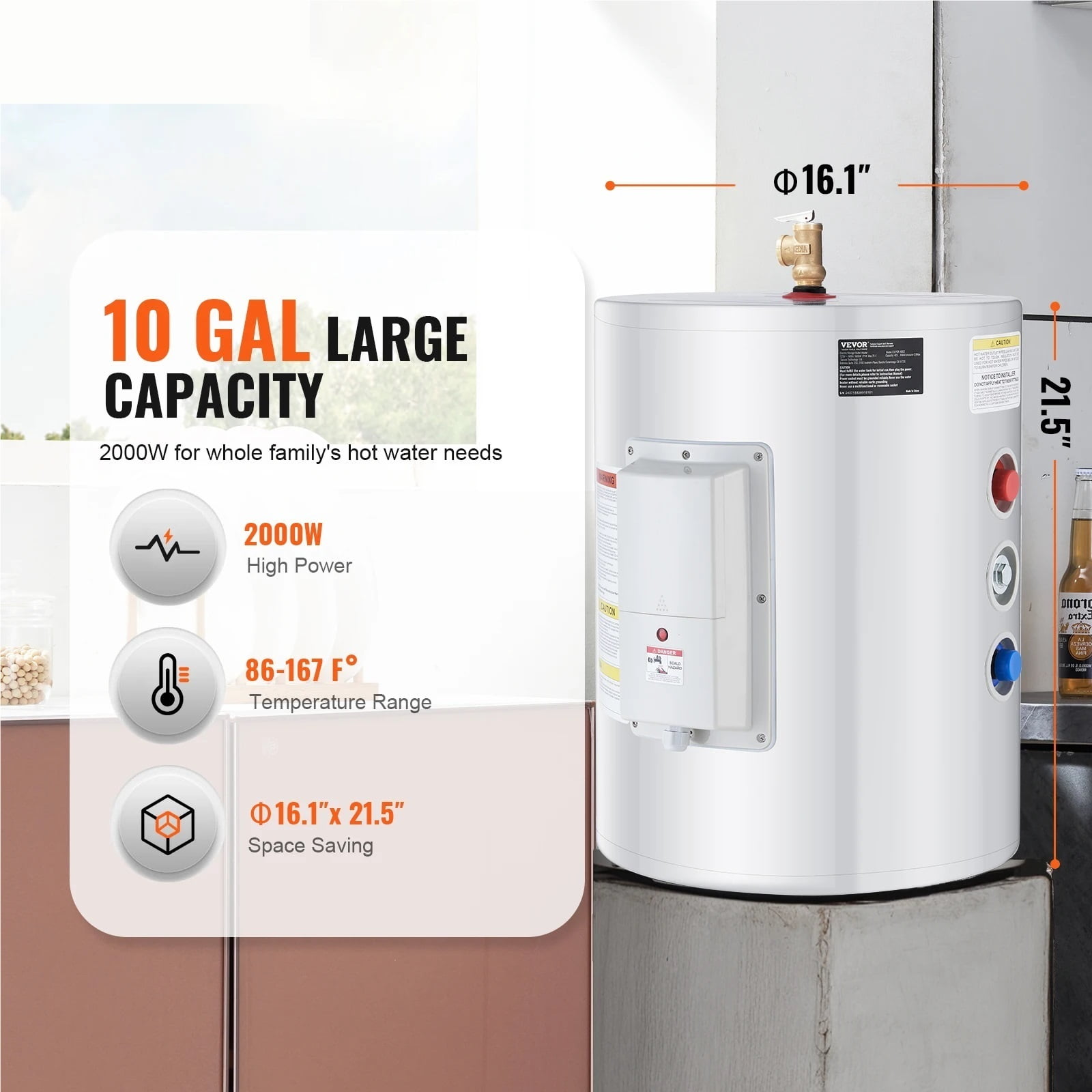 Electric Water Heater 10 Gallon Tank Instant Hot Water Heater 1.6Kw Tankless Water Heater w/ LED Display Knob Control IPX4 ,Tool