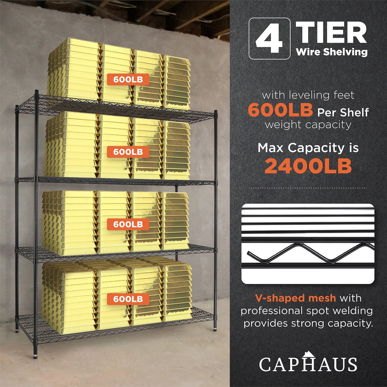 CAPHAUS 4-Tier Commercial Grade Heavy Duty Adjustable Height Wire Shelving w/ Wheels & Leveling Feet, Storage Metal Steel Shelf, Garage Shelving Storage, Utility Wire Rack Storage Shelving Unit