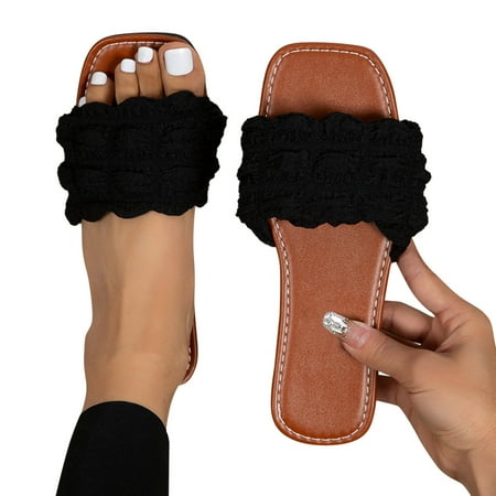 

ZIZOCWA Fashion Summer Women Slippers Solid Color Square Open Toe Flat Slippers Breathable Lace Non-Slip Outdoor Office Lady Sandals Black Size8