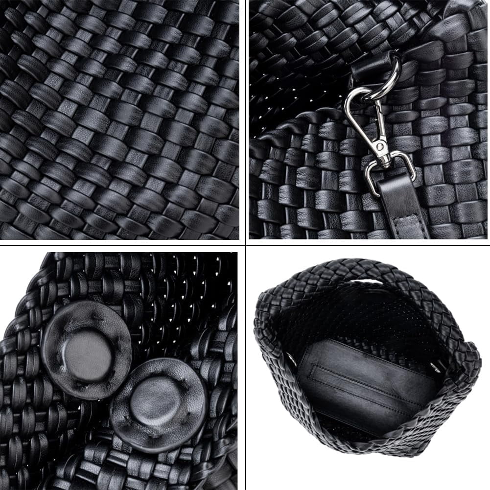 CAILDANL Woven Leather Bags for Women Knoted Women Handbag Designer Shoulder Bucket Purse Handmade Fashion Tote Hobo Bag Small