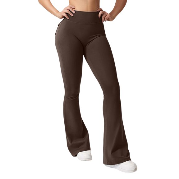 Dwellite Women's Flared Leggings Butt Lifting High Waisted Tummy Control Cargo Yoga Pants with Pockets Coffee 2XL