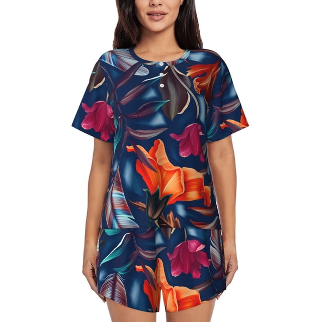 Balery Tropical Flower Conjunto de Pijama para Mujer con Estampado, Dos Piezas de Manga Corta y Shorts, Ropa de Dormir Suave con Cuello Redondo y Bolsillos-XX-Large