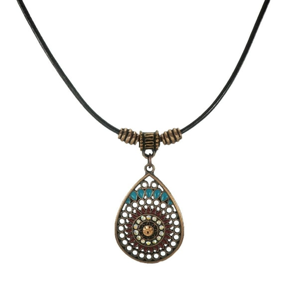 Boho Vintage Style Colorful Copper Teardrop Black Leather Cord Necklace - 18 inch