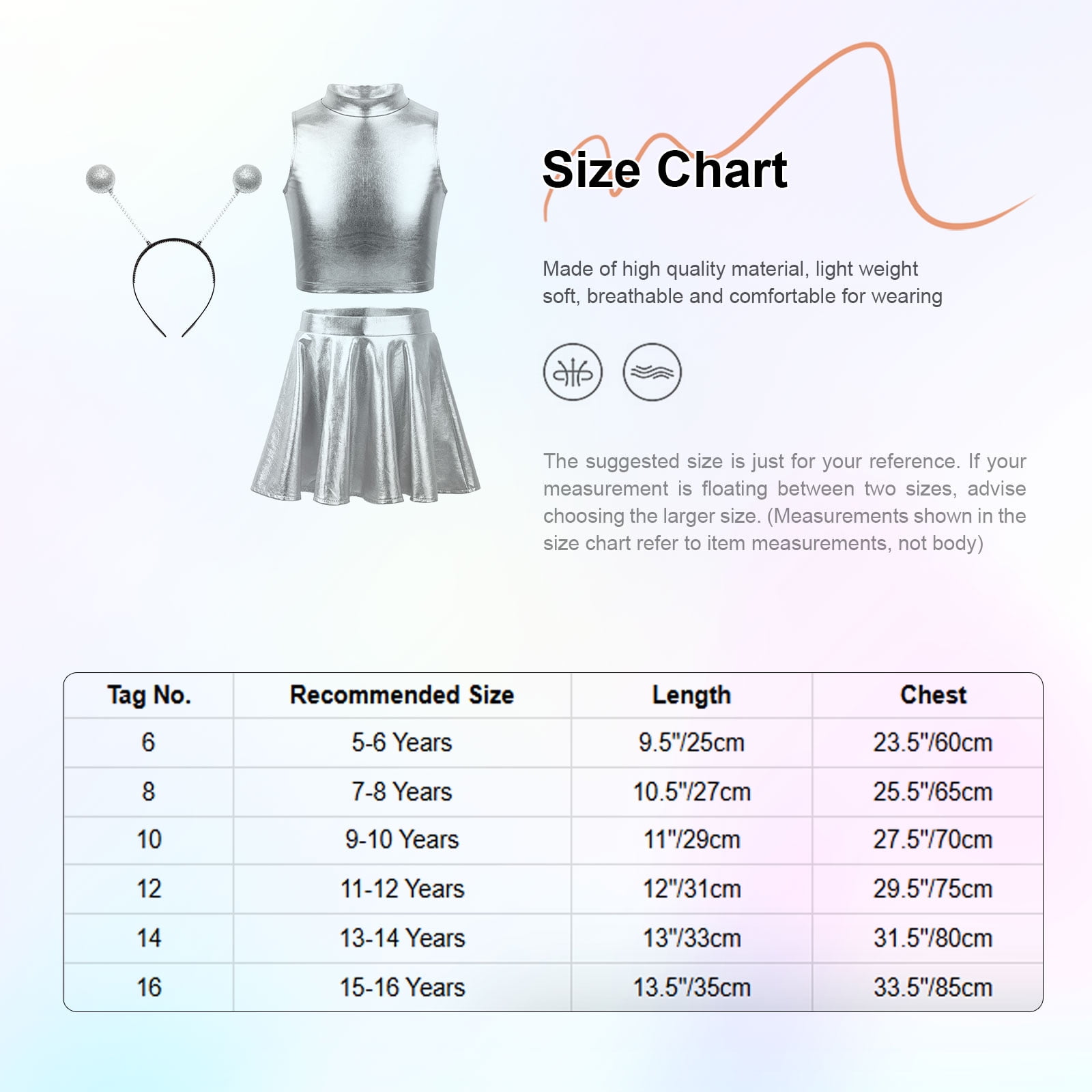 Doomiva 3Pcs Space Alien Outfit for Girls Holographic Metallic Skirt with Crop Top and Hair Hoop Set Gold 16