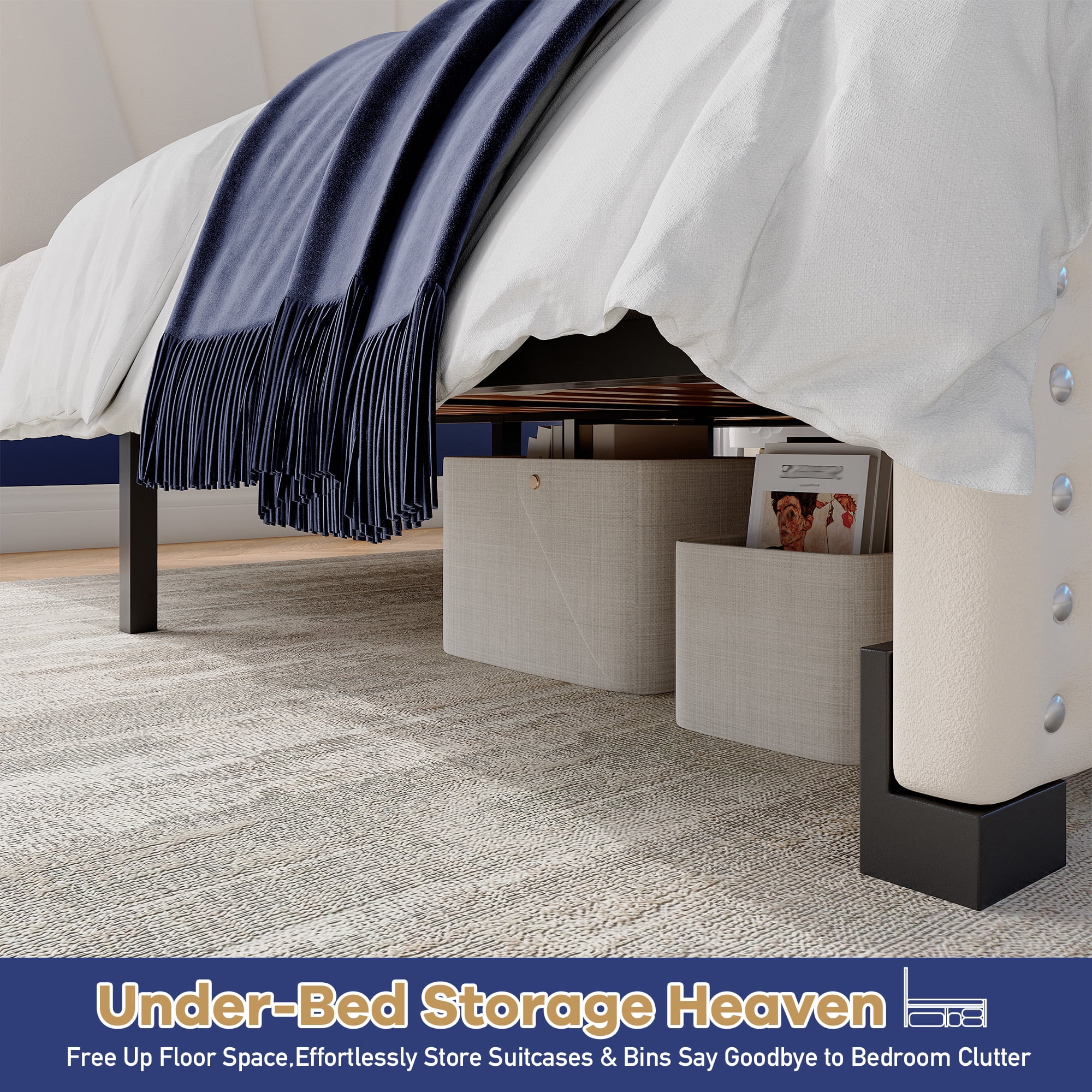 Upholstered Bed Frame with Headboard King Size Bed Frame with LED Lights & Storage,Beige