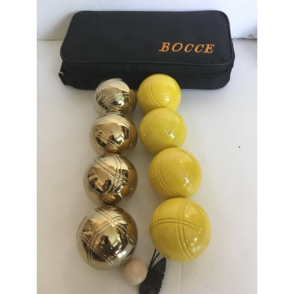 BuyBocceBalls Listing -73mm Metal Bocce/Petanque 8 Ball Set with 4 Gold and 4 Yellow Balls and Black Bag