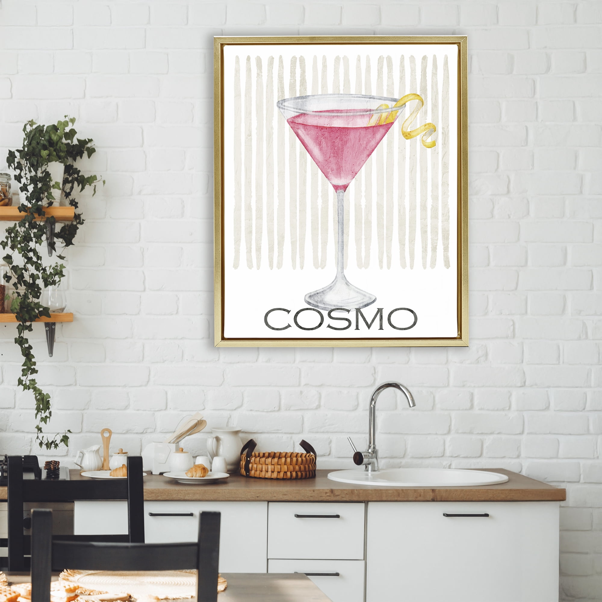 Stupell Industries Pink Cosmo on Stripes Gold Framed Floater Canvas Wall Art, design by Kim Allen