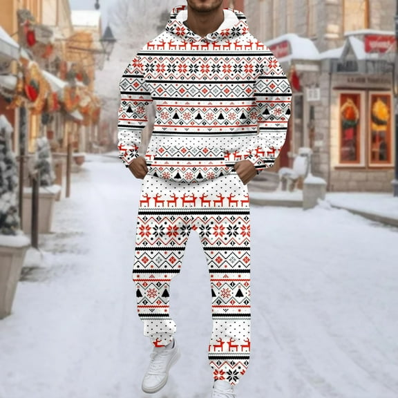 Christmas Jogging Suits For Men 2 Piece Set Classic Casual Funny Xmas Graphic Hoodie Sweatshirt And Joggers Sweatpants Sets Holiday Fall Winter Lounge Pullover Suit Set With Pocket