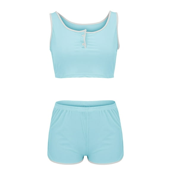 Breezora Cropped Tank Top Set with High Waist Shorts Women's Summer Workout Outfit L Size Blue