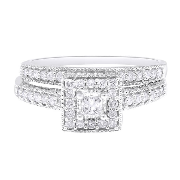 AFFY White Natural Diamond Bridal Solitaire Halo Band Ring In 10k White Gold (0.55 Cttw)