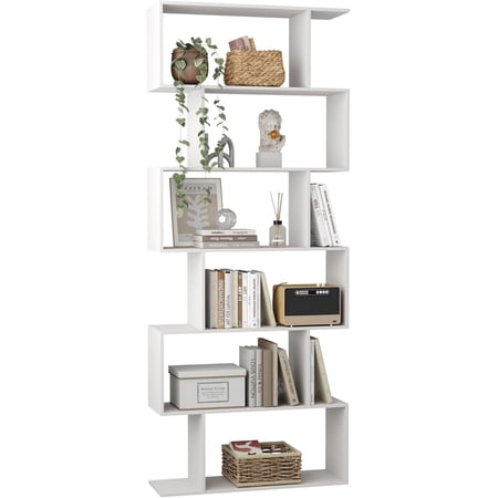 S-Shaped 6-Tier Bookshelf, Modern Geometric Display Shelf, White, 27.8"W x 9.4"D x 74"H