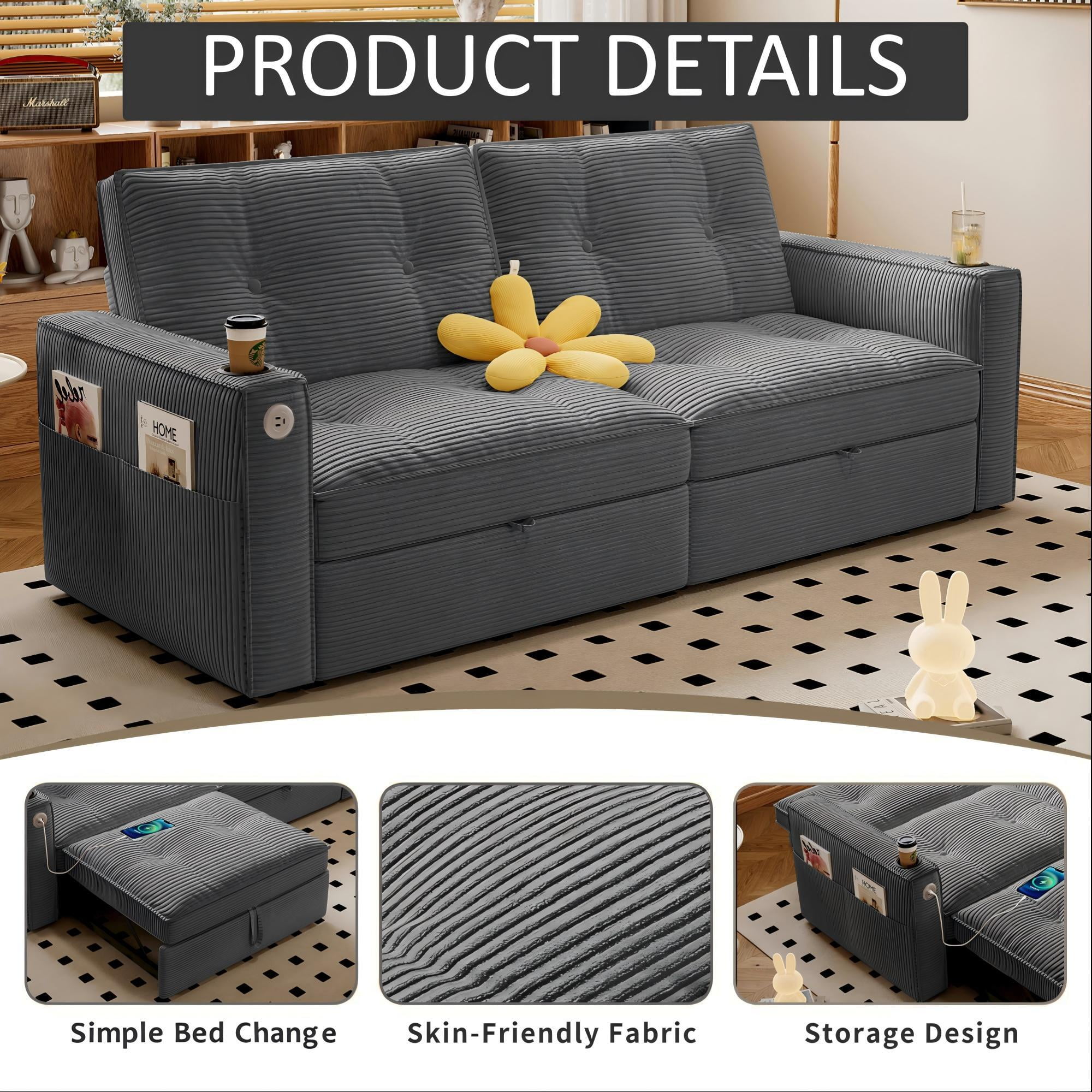 Kosynda 73"W Pull Out Couch with Charging and Cup Holder, 2 in 1 Convertible Sofa Bed with Storage Pockets, Folding Loveseat Sleeper Sofa for Living Room, Office, Small Space, Gray