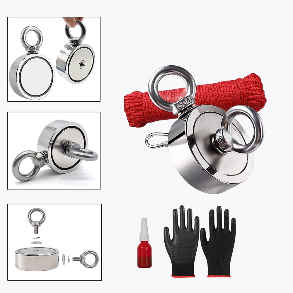 TIANLAIMEI Double-Sided Fishing Magnets Neodymium Magnet Fishing Kit Pulling Force 20m (65 Foot) Durable Rope and Protective Gloves
