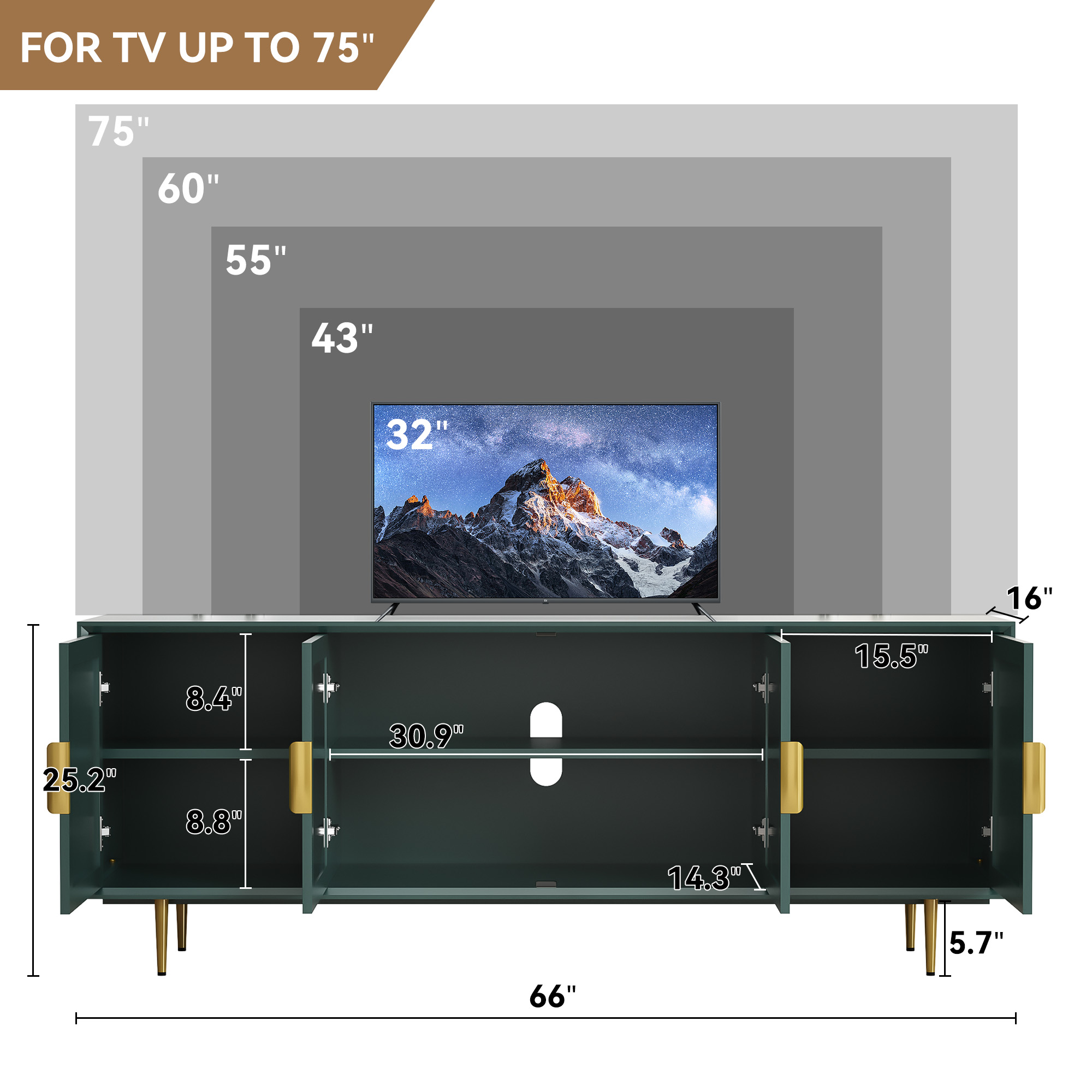 HLR 66" Modern TV Stand with Glass Storage, Green photo 7