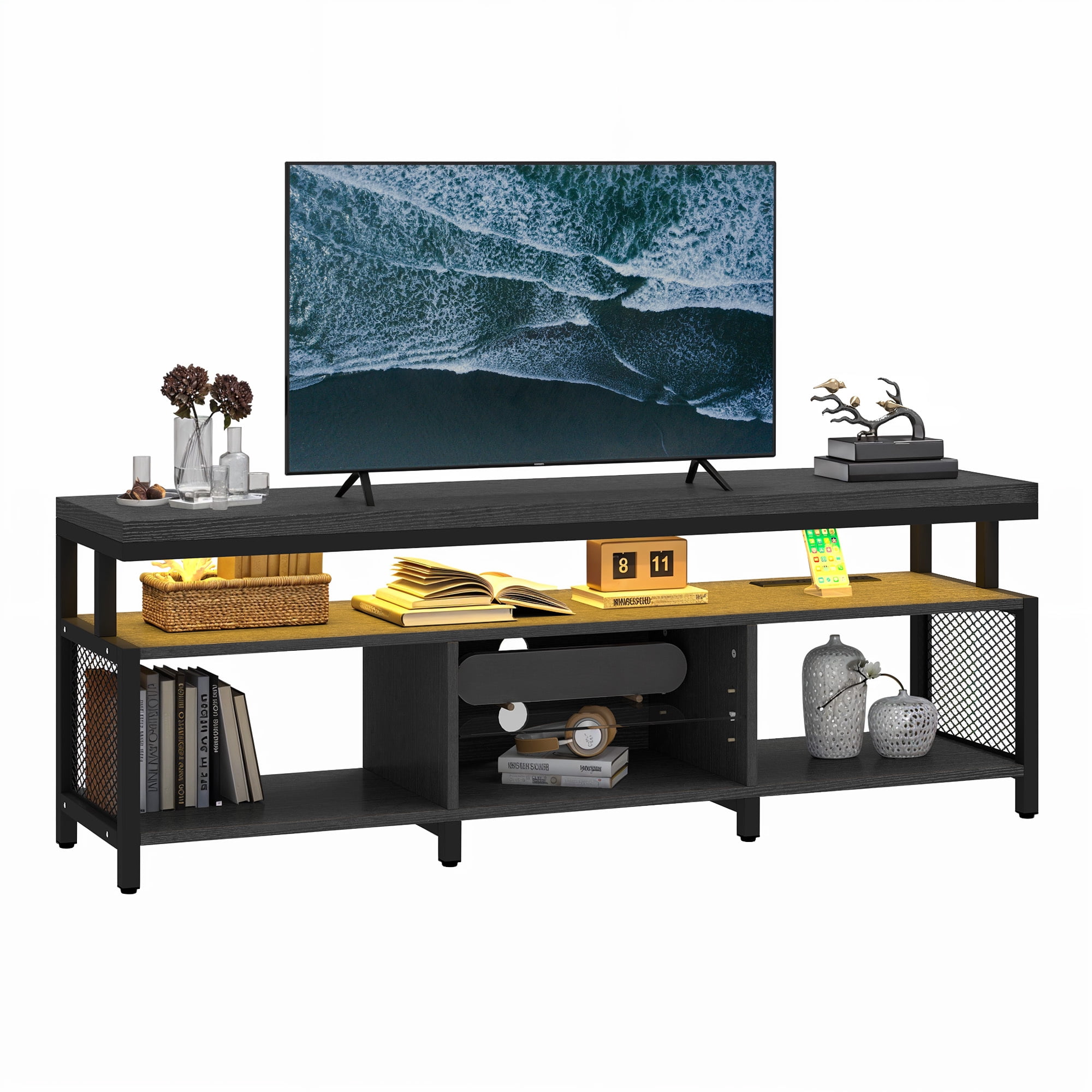 Uforic Industrial LED TV Stands for 55/60/65/70 inch w/Power Outlets, Entertainment Center TV Cabinet for Living Room, Black