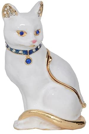 Cat Trinket Box with Lid Jeweled Crystal Metal Hinged Enamel Jewelry Ring Holder 