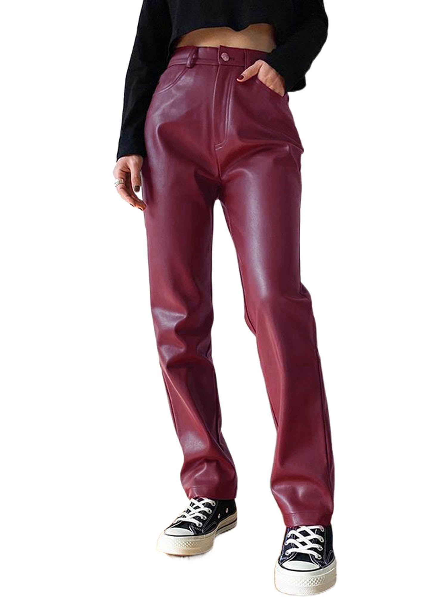 aturustex Women Faux Leather Pants Stretch High Waisted Straight Wide