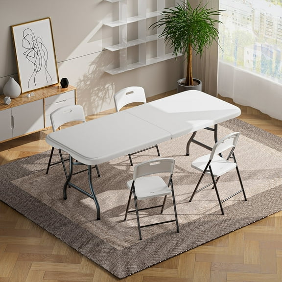 Kadyn 70.87" Heavy-Duty Plastic Fold-in-Half Table with Carry Handle, Portable Folding Table for Outdoor Picnic, Camping, Backyard, Parties, White (Table Only)