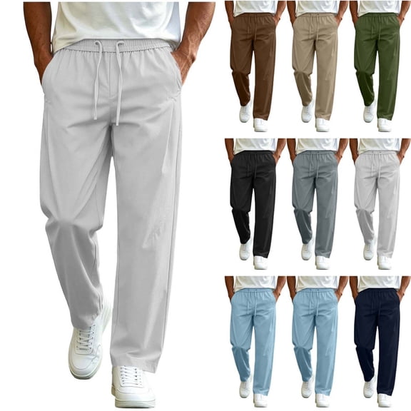 Men Lightweight Quick Dry Straight Leg Pants Sevevn Elastic Drawstring Waist Slant Side Pockets Solid Loose Fit Trousers For Daily Commuting Walking And Outdoor Casual Activities