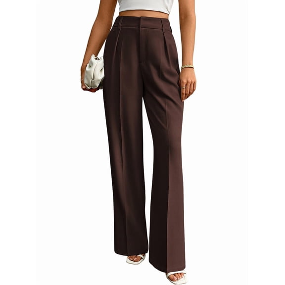 Women Wide Leg Pants High Waisted Business Casual Work Trousers Dressy Pants with Pockets Chestnut Color M