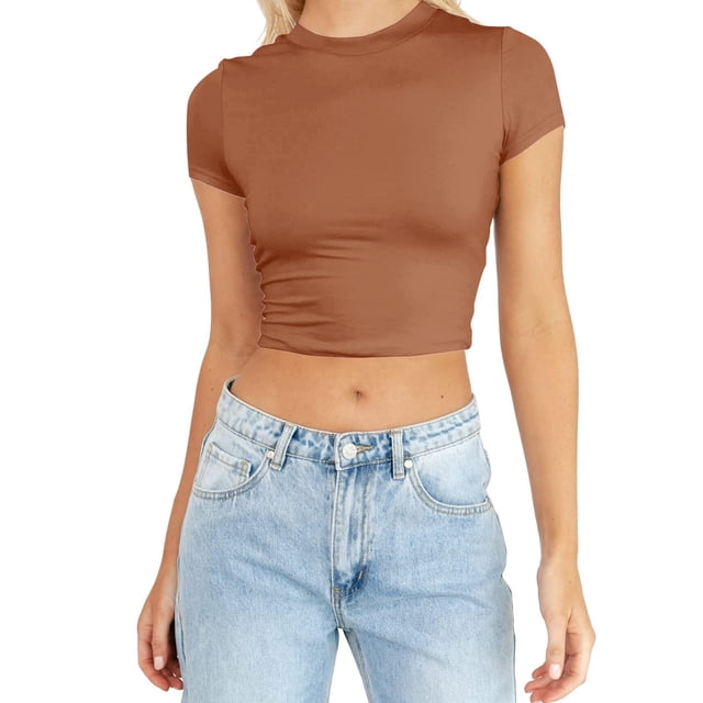 VUPSGEZ Mode Femmes Été Manches Courtes Crop Tops Mignons Décontractés Basiques Col Rond Ajusté T-Shirts (Marron,TTG)