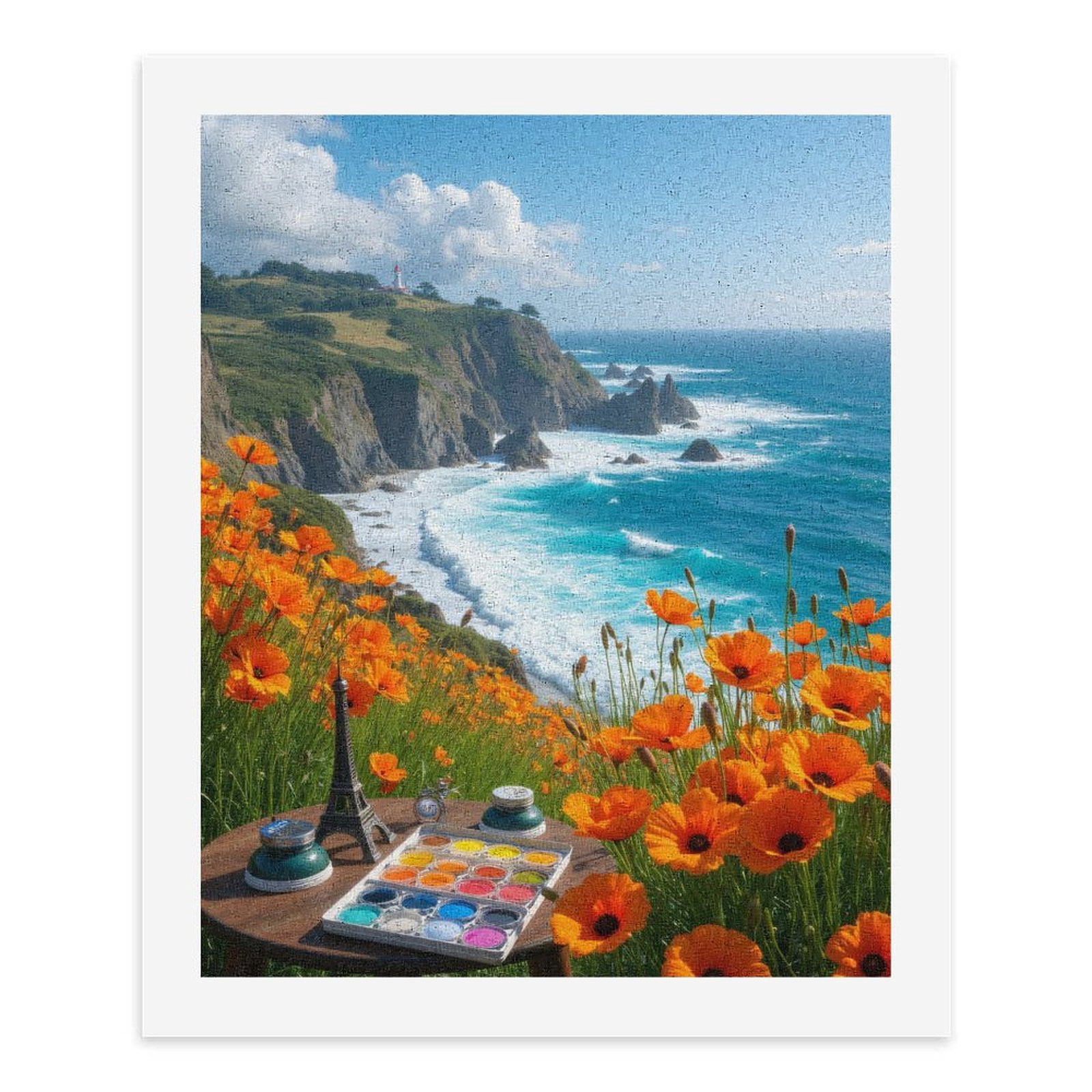Paint By Numbers Kit for Adults Beginner - Coastal Art Supplies Poppies Cliffs Ocean DIY Canvas Painting Kits for Adults, Frameless Paint By Number for Adults for Home Wall Decor 16x20 Inch