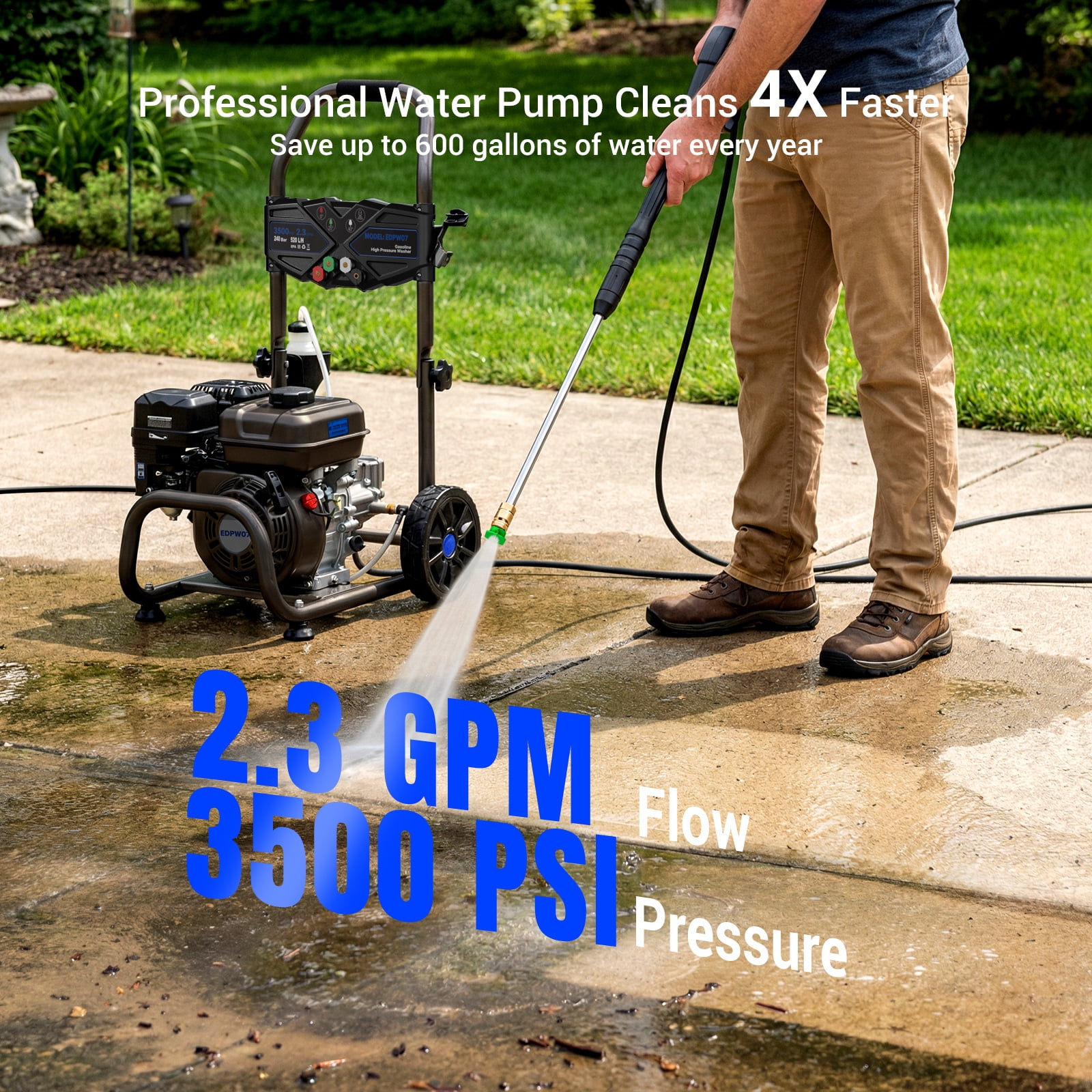 Efurden 3500PSI 2.3GPM Gas Pressure Washer, 209CC 7HP Engine, 4 Quick Connect Nozzles, 25FT Pressure Hose & Soap Tank