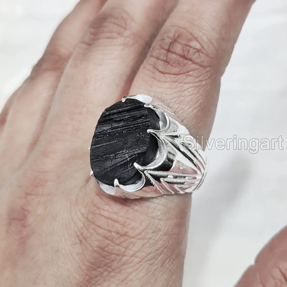 Rough Black Tourmaline Mans Ring, Natural Black Tourmaline, Silver Jewelry, 925 Silver Ring, Birthday Gift, Heavy Mens Ring, Arabic Design, Ottoman Style Ring, Christmas, Turkey Mens Signet Ring