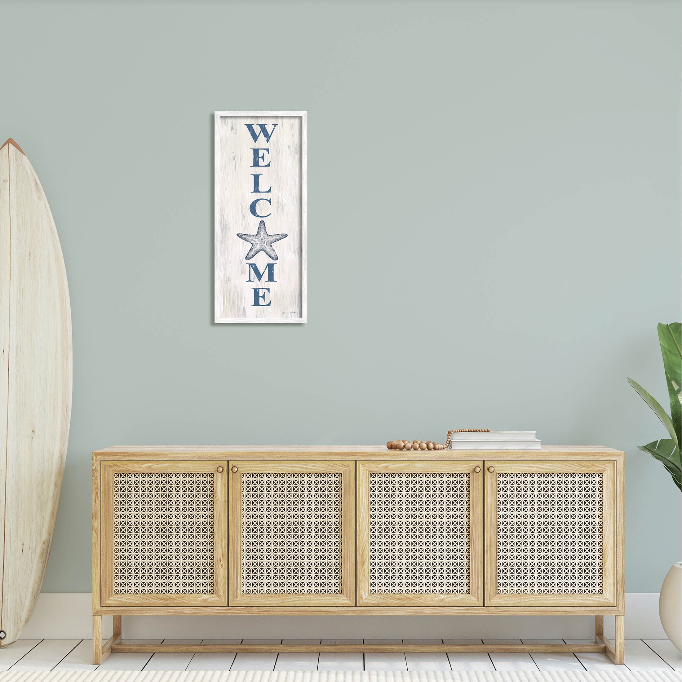 Welcome Starfish Phrase Sign Coastal Graphic Art White Framed Art Print Wall Art