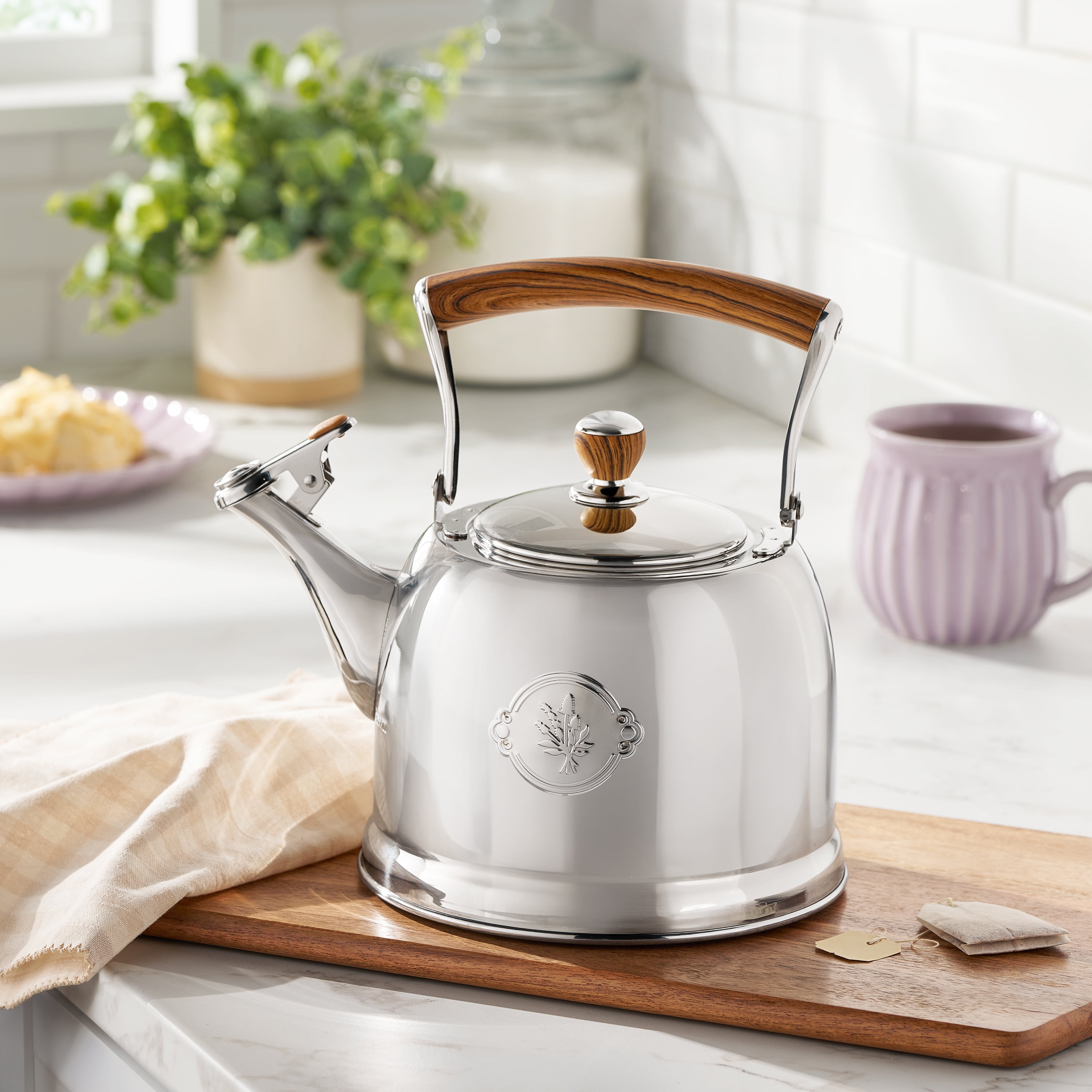 The Pioneer Woman 1.8-Quart Stainless Steel Whistling Tea Kettle with Folding Handle, Silver