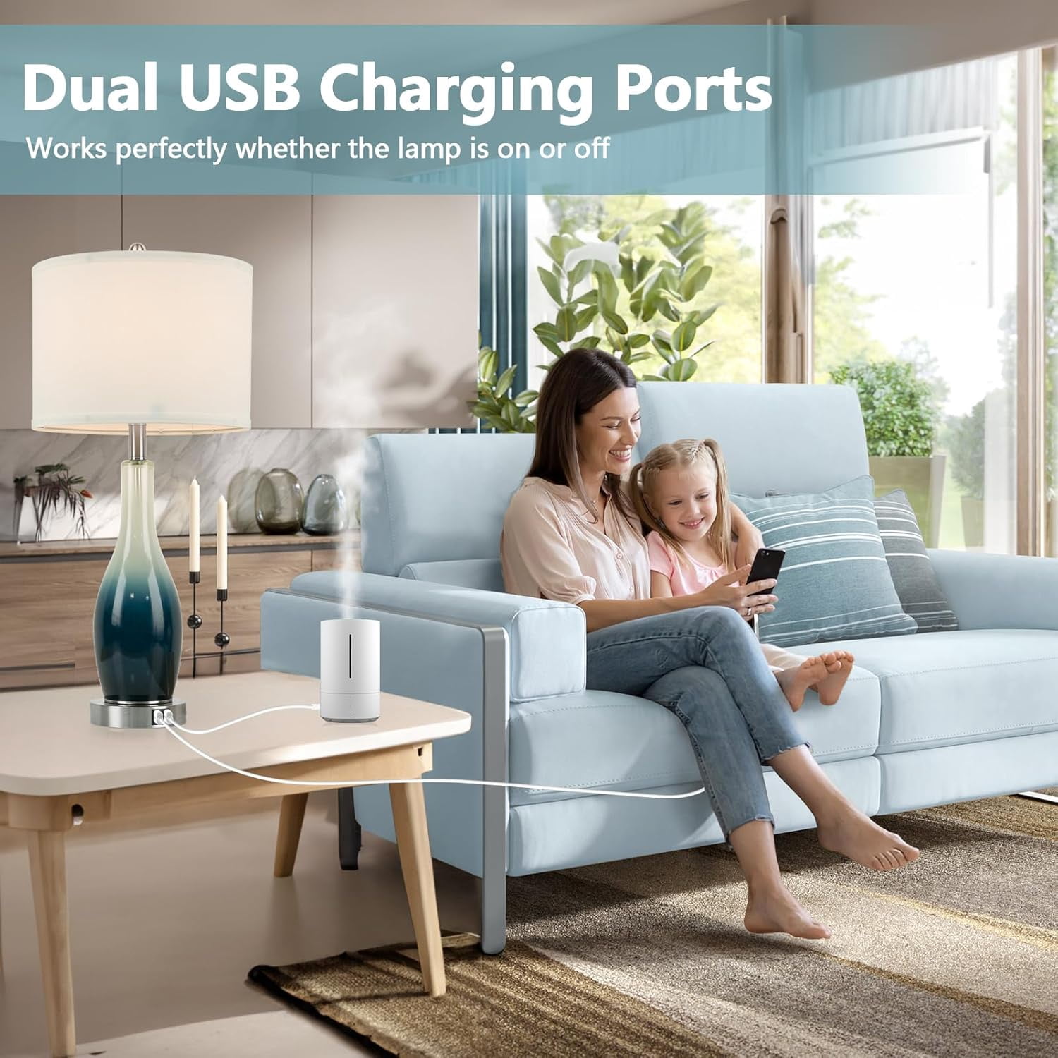Nordic Hygge 26in Tall Glass Table Lamps Set of 2 with 2 USB Charging Ports & LED Nightlight
