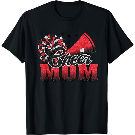 Cheer Mom T-Shirt Red and Black Ombre Glitter Cheerleading Support Graphic Tee Women Game Day Spirit Apparel