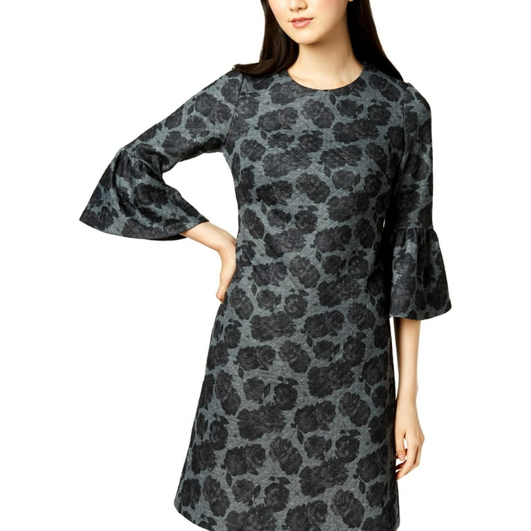 CALVIN KLEIN Womens Gray Floral Print Bell Sleeve Shift Dress 12