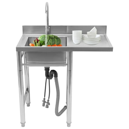 TFCFL Commercial Kitchen Sink Prep Table with Faucet 304 Stainless Steel 1 Compartment Utility Sink with Drainboard