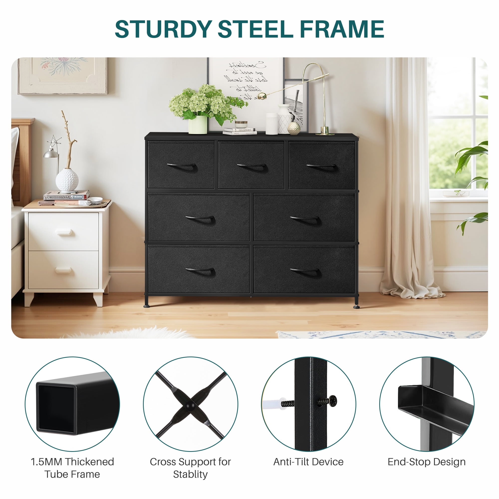 Nextay 7-Drawer Fabric Dresser TV Stand for 45" TV, Storage Dresser Closet with Steel Frame & Wooden Top for Living Room, Dressing Room, Entryway, Black