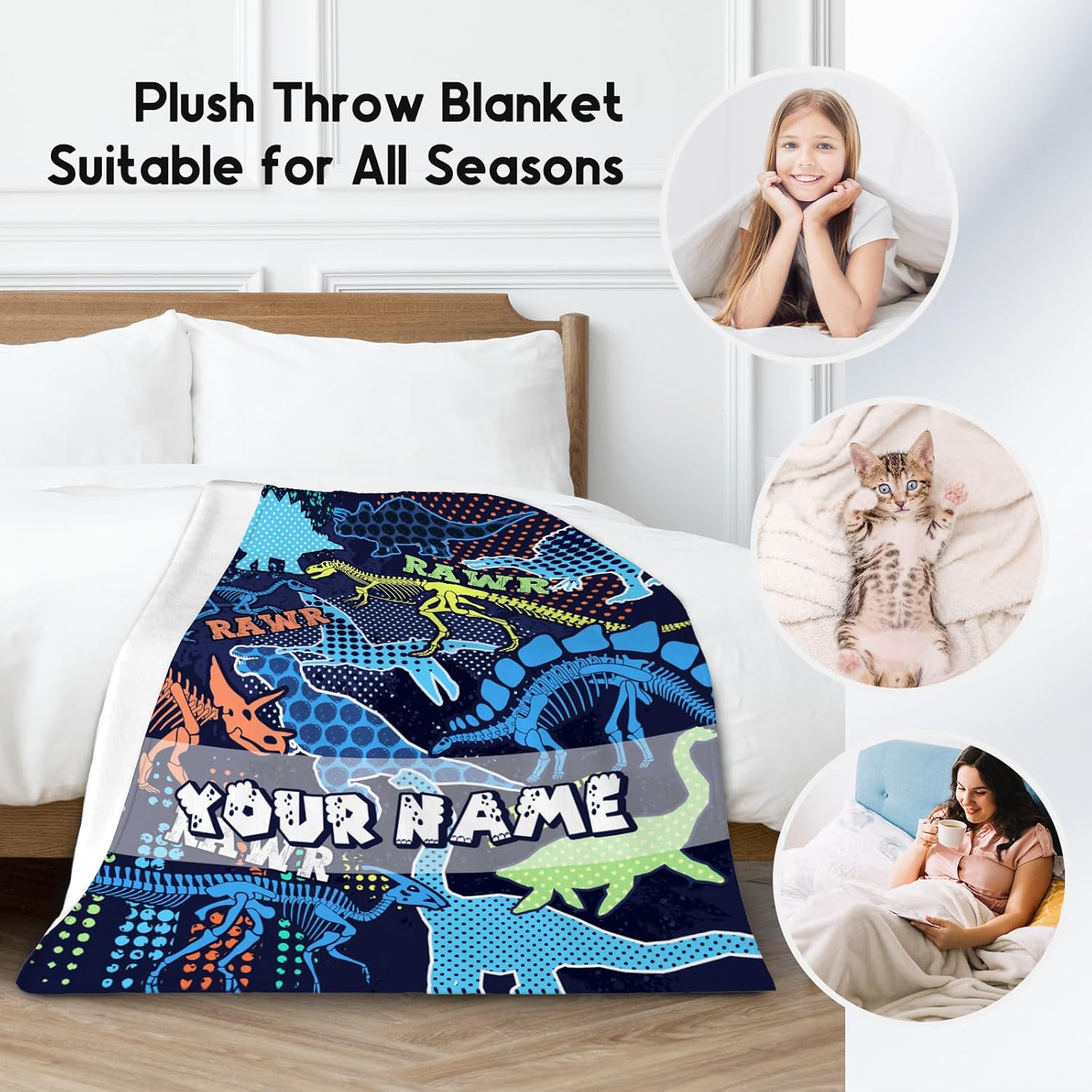 Custom Dinosaur Blanket with Name for Boys, Personalized Dinosaur Gifts for Boys Kids, 60"x80" Kids Blankets for Boys Son, Dinosaur Throw Blanket for Living Room, Soft Fluffy Throw Blanket