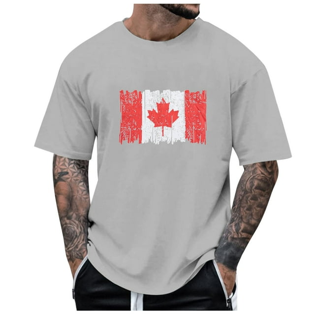 LUOGENLI T-shirts pour Hommes Printemps et Été Fête Nationale Décontracté Vintage Imprimé Partiel t-Shirt Col Rond Manches Courtes Gris m