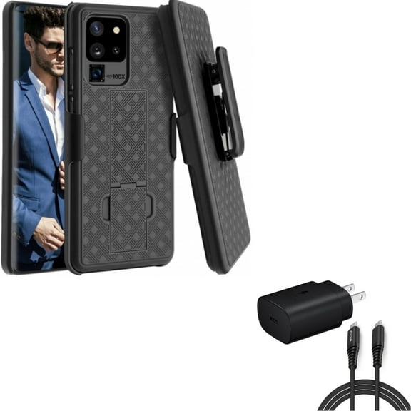 Case Belt Clip w 25W Fast Home Charger for Samsung Galaxy S20 Ultra - Holster Swivel Cover, PD Type-C 6ft USB-C Cable