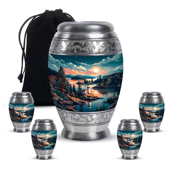 Lighthouse Adult Cremation Funeral Urn for Human Ashes, Keepsake Memorial Gift, Mini Urns for Ash Container, Combo, Green (10 Inch & 3 Inch Mini Set of 3)